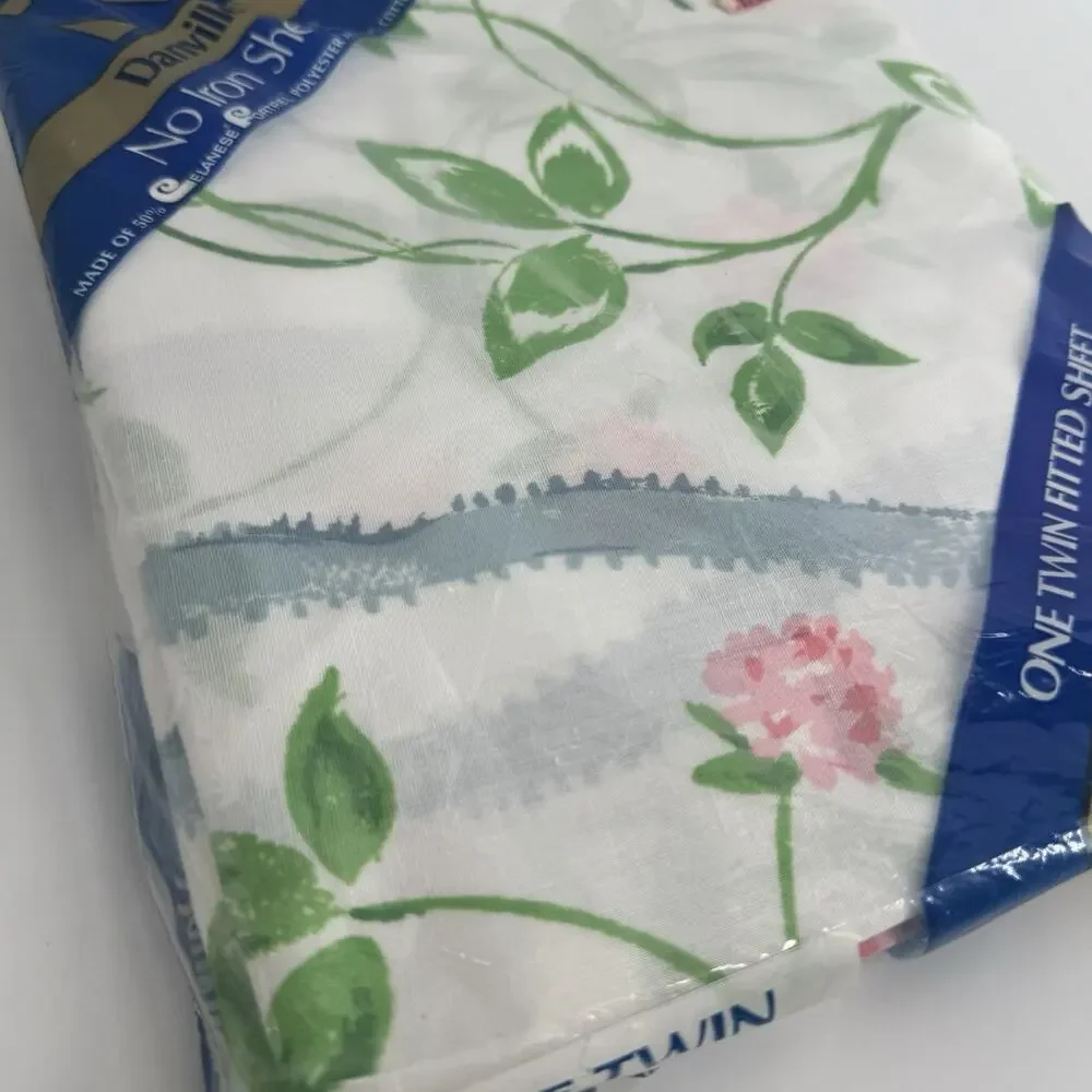 Vtg Danville Twin Fitted Sheet NOS Pink Rose FLORAL White Blue Polyester Cotton